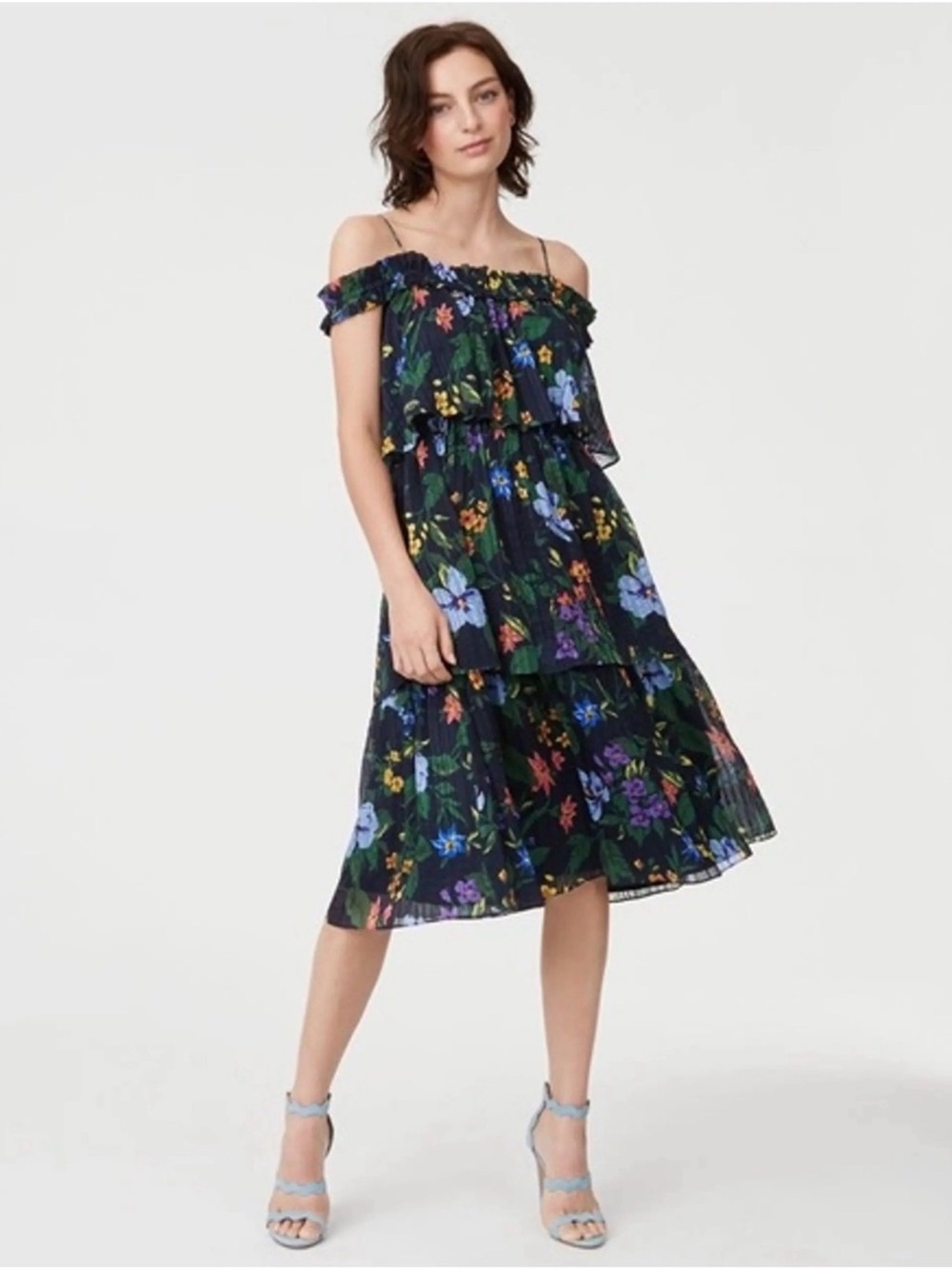 Club Monaco 100% Silk Lined Navy Off Shoulder Floral Summer Dress Women’s US 00